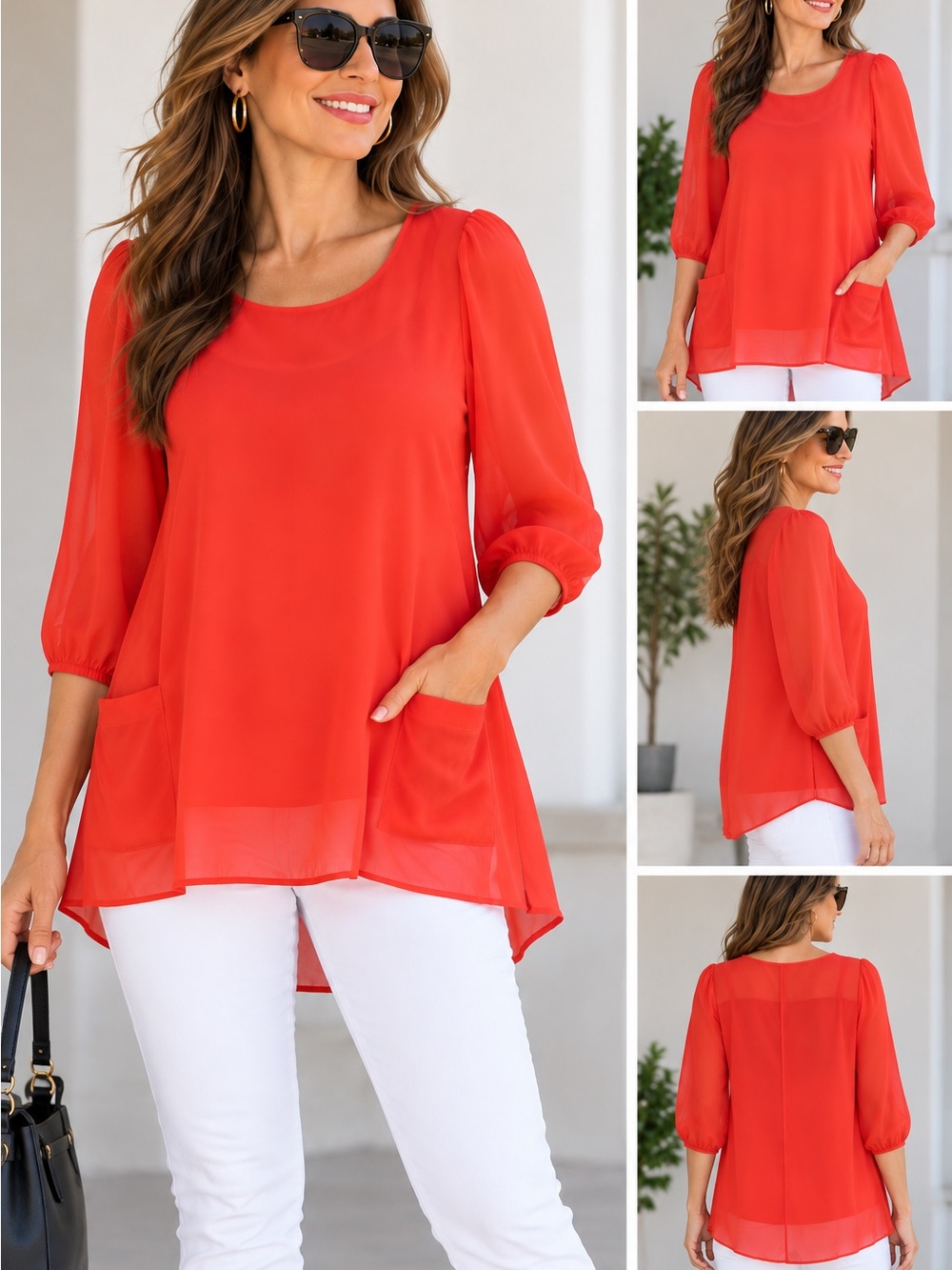 Lily White Women’s M Coral Red Sheer Tunic Top 3/4 Sleeve Pockets Made USA Boho